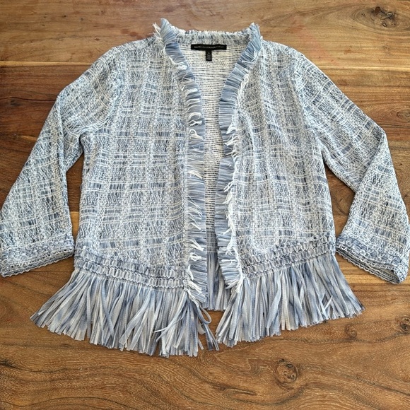 White House Black Market | Blue Opal | Fringe Sweater Jacket | size S - Picture 2 of 7